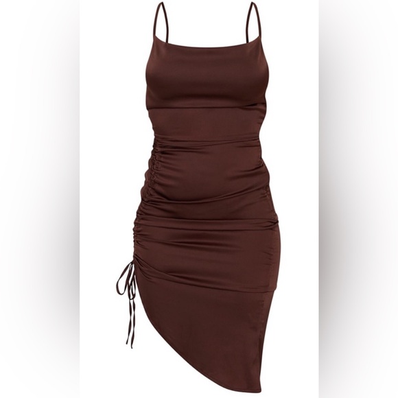 Chocolate satin strappy ruched side middle dress. -8 - Picture 3 of 6